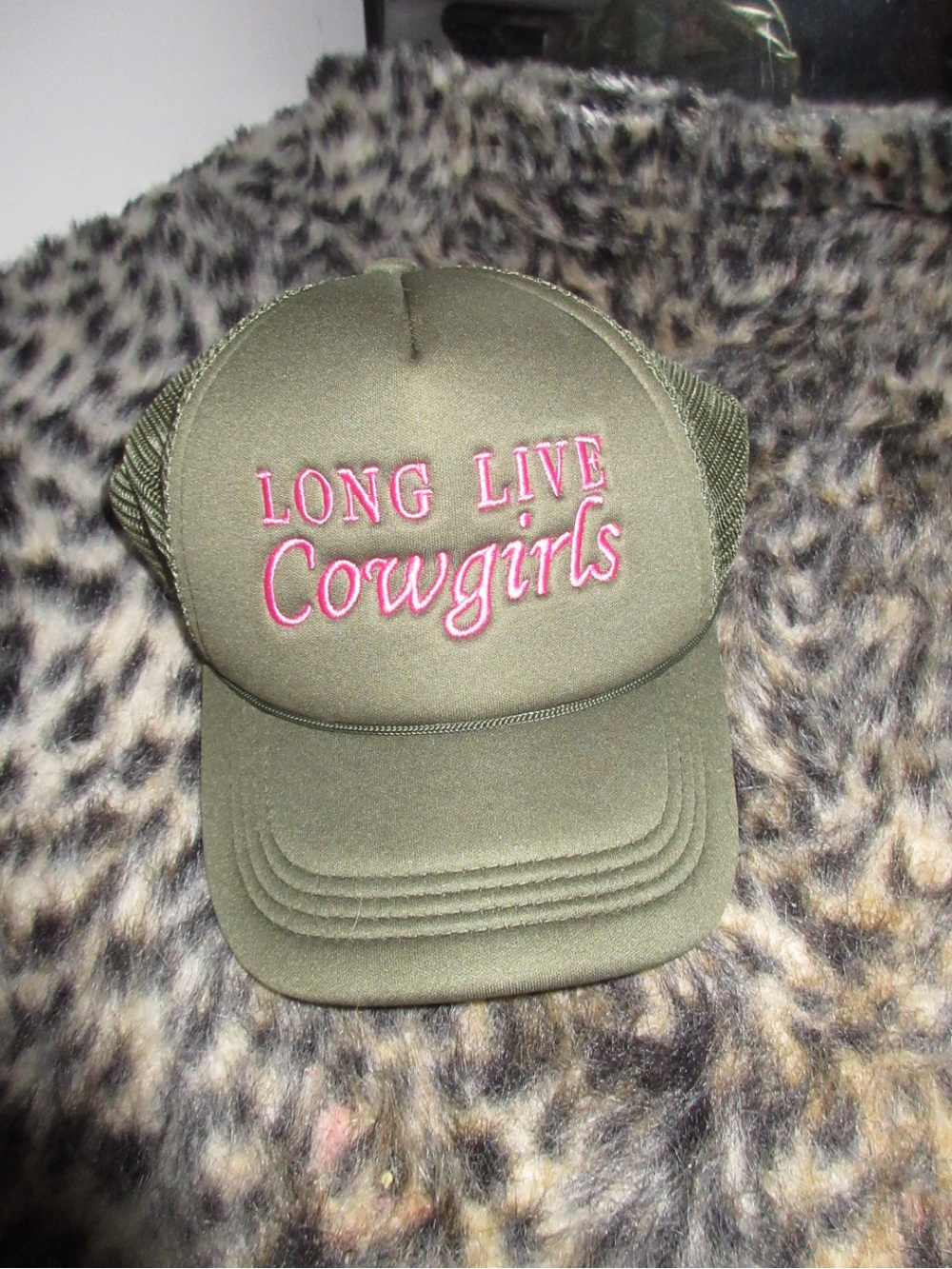 & Other Stories Olive Green Trucker Hat with Pink Embroidery
